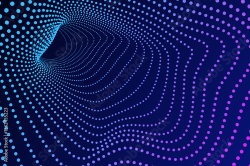 Tunnel 3d particle, molecule or atom wormhole abstract background. Big data hole sound wave effect distorted, future technology concept with copy space.