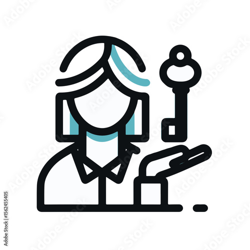 Woman holding a key with a welcoming gesture in hotel environment  