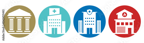 Law Office, Hospital, Police Station, Fire Station icon set illustration vector. Inside Circle