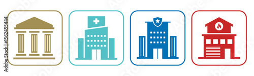 Law Office, Hospital, Police Station, Fire Station icon set illustration vector. Inside Square