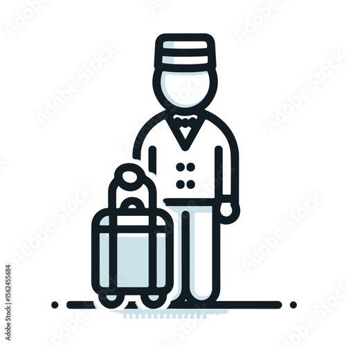 Bellhop standing with luggage in hotel uniform illustrating hotel staff  