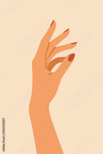 Elegant woman's hand with red manicure. Beauty salon, nail polish, and cosmetics concept. Modern flat vector illustration with retro vintage style. Feminine hand gesture.
