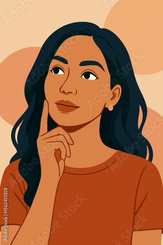 Beautiful thoughtful Latin woman thinking and looking up with a pensive expression. Concept of planning, making a decision, or remembering. Modern flat vector illustration.