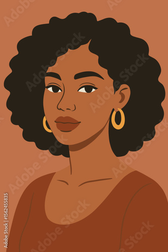 Beautiful African American woman portrait. Modern flat vector illustration of a confident mixed race girl with curly afro hair. Concept of diversity, empowerment, natural beauty.