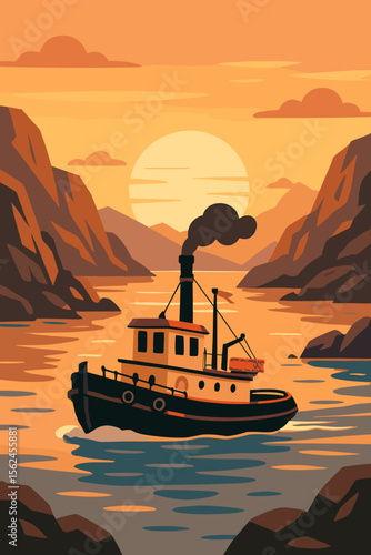 Vintage tugboat sailing in a mountain bay or fjord at sunset. Retro steamboat journey between rocky cliffs. Flat vector illustration concept for travel, maritime and transport.