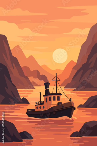Old tugboat sailing in a mountain fjord at sunset. Vintage ship on calm water between rocky shores. Flat vector illustration of a tranquil sea landscape. Travel poster concept.