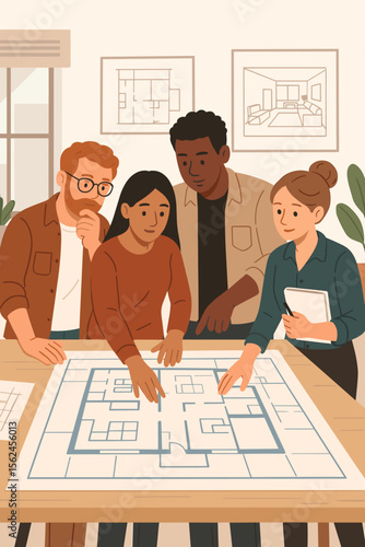Architectural team meeting. Diverse group of designers and engineers discussing a blueprint. Professional collaboration on a construction project or house interior design plan. Vector.