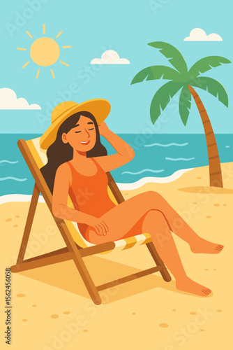 Relaxed woman sunbathing on tropical beach in summer, sitting on deck chair under sun with palm tree, enjoying vacation, wearing swimsuit and hat, modern flat vector cartoon illustration