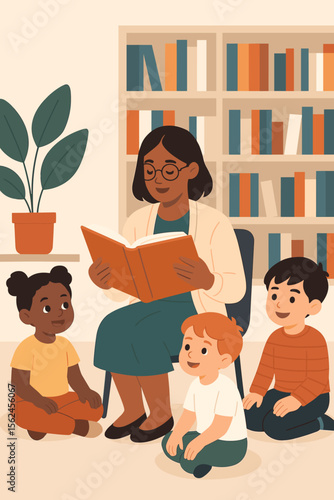 Diverse librarian reading storybook to multicultural children group in library. Kids sitting on floor listening to teacher. Modern flat vector illustration. Education, learning, childhood, books.
