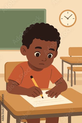 African American boy taking school test, writing at desk in classroom, education and learning concept, modern flat vector illustration, back to school, elementary student, academic assessment