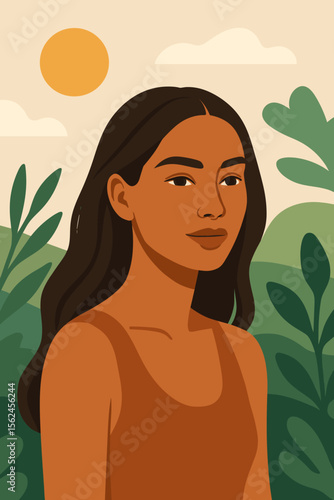 Sunlit tanned woman outdoors. Modern flat vector illustration of young female with long dark hair in nature. Summer landscape, botanical background, minimalist cartoon portrait, natural beauty concept