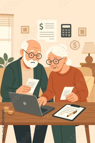 Senior couple budgeting finances at home with laptop and bills, managing expenses, retirement planning, online banking, financial paperwork, modern flat vector illustration, cozy living room interior
