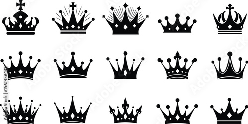 Obraz na plátně Silhouette composition of twelve crowns a royal symbol in black celebrating powe