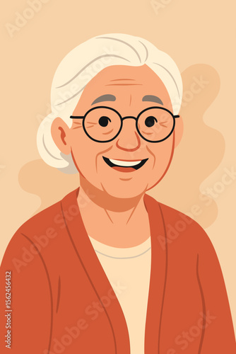 Elderly woman with white hair and glasses in red cardigan. Senior female character portrait. Modern flat vector illustration. Mature lady, grandmother, aging, lifestyle, retirement concept