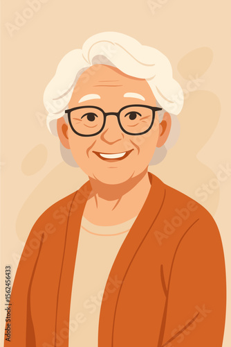 Elderly woman portrait with white hair and glasses. Senior lady in orange cardigan. Modern flat vector cartoon illustration. Mature female character. Aging, retirement, grandmother concept.