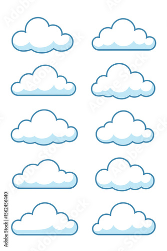 Flat Style Cloud Icon Set. Cartoon White and Blue Cloud Collection. Weather Symbol Vector Illustration. Simple Modern Design Elements for Web, App, Kids, Sky, Forecast, Nature, Backgrounds