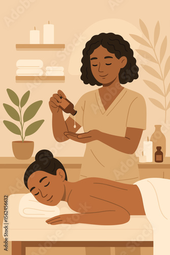 Therapist pouring massage oil at a spa salon. Professional masseuse preparing for body treatment. Wellness, relaxation, and healthcare concept in a modern flat vector cartoon illustration.