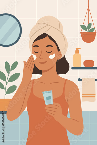 Young woman applying moisturizer cream on face during morning skincare routine in bathroom, self-care beauty treatment, flat vector cartoon illustration