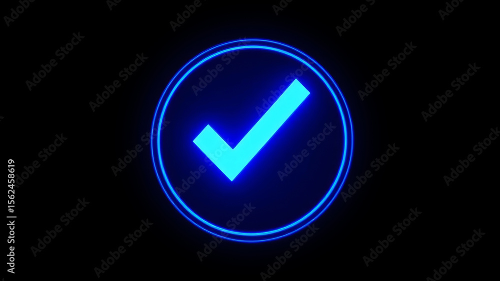 Neon blue check mark symbol is glowing inside a circle on a dark background, conveying confirmation, approval, and correctness Neon blue check mark symbol is glowing inside a circle on a dark background, conveying confirmation, approval, and correctness
