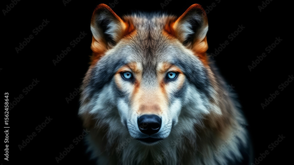 Fototapeta premium Intense gray wolf displaying piercing blue eyes, emerging from deep shadowy background with striking predatory gaze