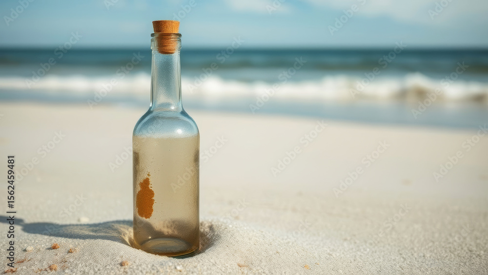 Obraz premium Glass bottle with cork wedged in white sand, revealing handwritten message against turquoise tropical seascape and clear shoreline
