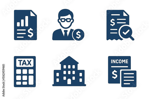 This icon set is specifically designed for accounting, featuring a range of symbols including financial statements, accountants, audits, invoices, tax calculators, business firms, tax returns