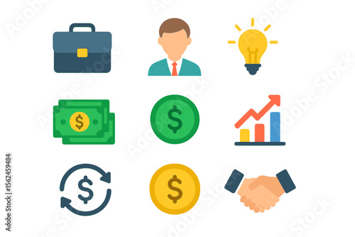 Flat business icons and money signs are available as a  vector