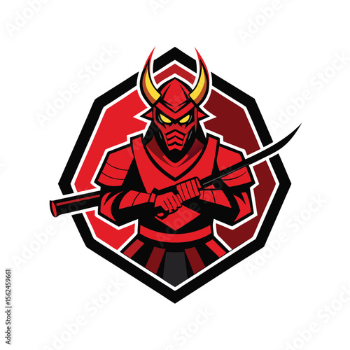 Samurai in red armor gripping katana with fury Vector illustration