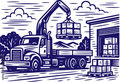 Crane truck unloading cargo at warehouse in vintage line art style