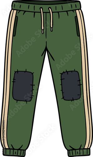 Green jogger pants with black patches and beige stripes casual wear vector illustration 