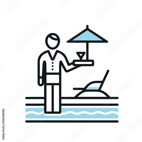 Waiter holding tray with drink by poolside with lounge chair  