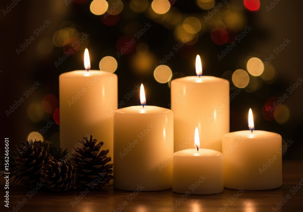 Warm glowing pillar candles and pine cones create a cozy festive atmosphere with blurred christmas tree lights in the background Warm glowing pillar candles and pine cones create a cozy festive atmosphere with blurred christmas tree lights in the background