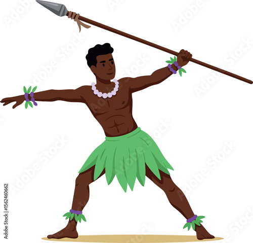 Tribal warrior throwing spear in green traditional skirt with floral accessories vector illustration 