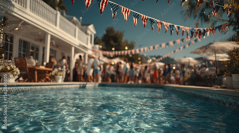 Fototapeta premium Independence day celebration. American flag bunting outdoor pool summer day patriotic holiday family, family gathering holiday, 4th july