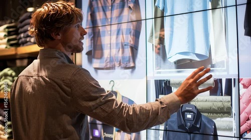 Man Browsing Clothing on Interactive Display in Store