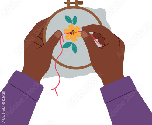 Hands Embroidering Yellow Flower with Green Leaves Using Red Thread Vector Illustration 