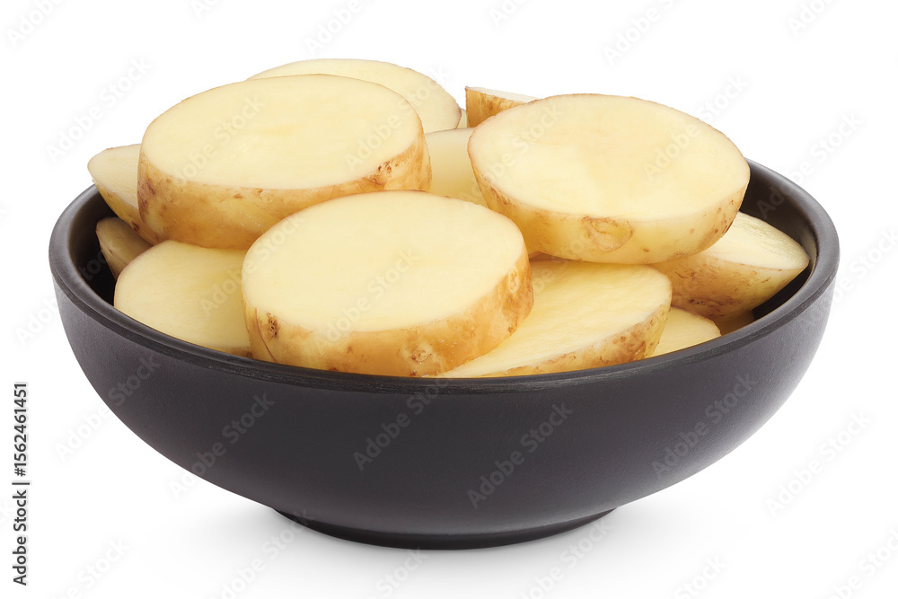 young potato slices in ceramic bowl isolated on white background. Harvest new young potato slices in ceramic bowl isolated on white background. Harvest new