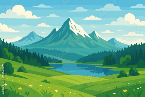 Vector summer mountain landscape. Idyllic panoramic scenery with snow-capped peaks, alpine lake, pine forest and green meadows. Nature background for travel, tourism or hiking.