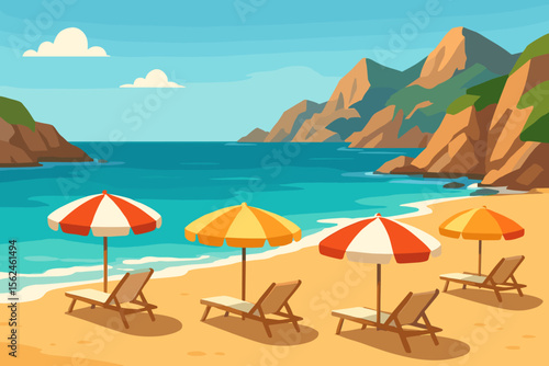 Summer beach landscape with umbrellas and sun loungers. Beautiful seascape with rocky coast, mountains, and turquoise ocean water. Concept of holiday, travel, vacation, and relaxation. Vector.
