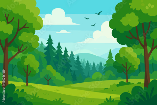 Summer forest landscape vector illustration. Green meadow with deciduous and pine trees, hills in background. Nature scenery with blue sky, clouds, and birds. Cartoon flat style design.