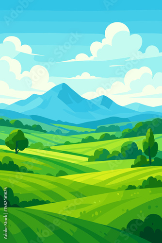Idyllic rural landscape with rolling green hills, meadows, and mountains. Peaceful summer or spring countryside scenery. Modern flat design cartoon vector illustration concept.