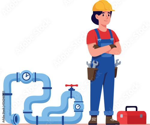 Female Plumber Wearing Helmet Standing Near Industrial Water Pipes and Toolbox Vector Illustration 