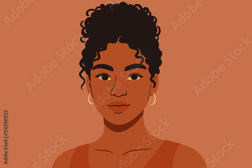 Beauty portrait of a young mixed race woman. Modern flat vector cartoon illustration. Confident African American girl with curly hair bun. Diversity, inclusion, female empowerment.