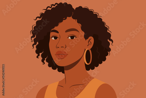 Beauty portrait of a young mixed race woman. Confident African American female. Black girl with curly afro hair. Modern flat vector cartoon illustration. Diversity and empowerment.