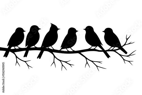Birds on a branch silhouette vector set. Collection of black songbird icons, sparrows, finch, cardinal, sitting on a tree twig. Minimalist nature and wildlife graphic illustration.