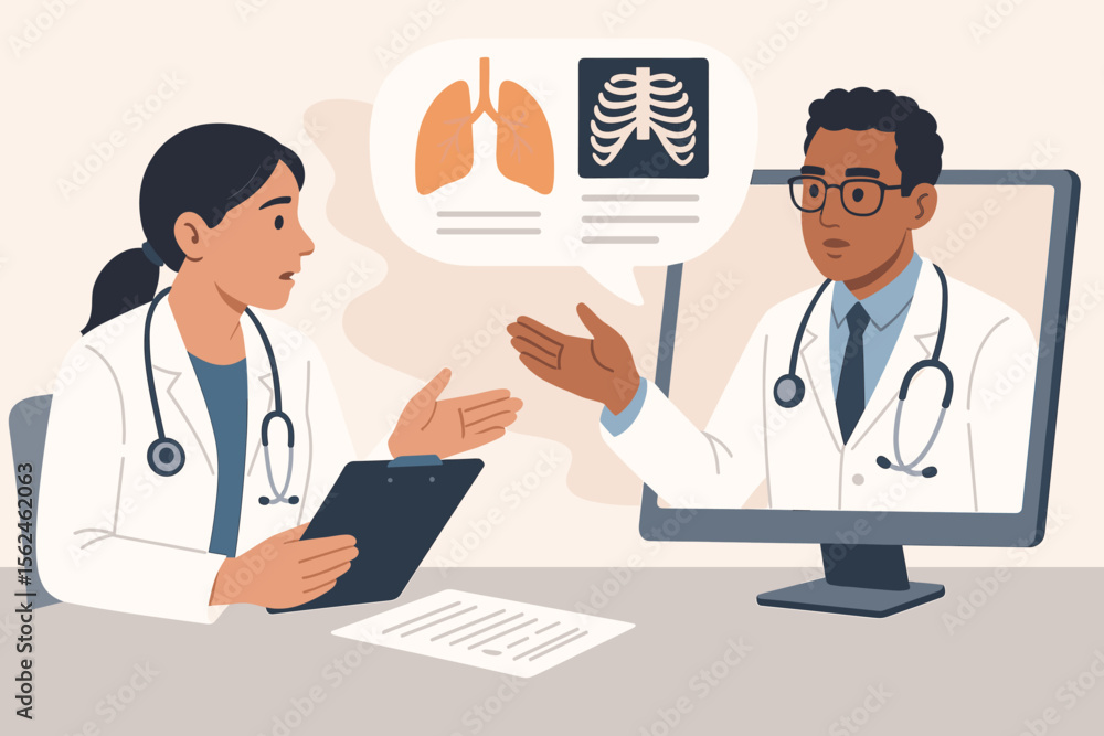 Fototapeta premium Telemedicine concept with doctors collaborating online. Medical professionals discussing patient diagnosis with lungs and x-ray. Vector illustration of virtual healthcare consultation and teamwork.