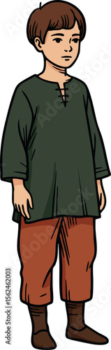 Young boy in medieval style clothing standing with neutral expression vector illustration 