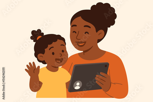 Happy African American mother and her cute little daughter using a digital tablet for a video call. Black family online communication concept. Modern flat vector cartoon illustration.