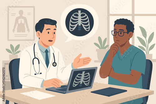 Doctor discussing patient case with a specialist. Medical team collaboration with doctors analyzing chest x-ray on laptop. Healthcare diagnosis and consultation concept. Flat vector.
