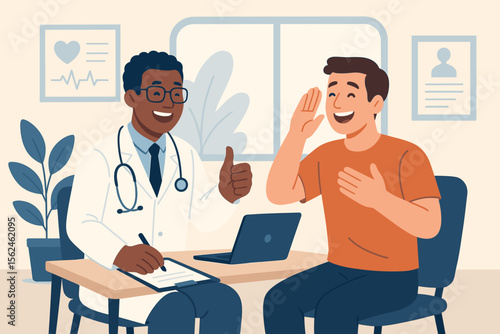 Doctor tells good news to happy patient. Positive medical test results concept. Man relieved after health checkup in clinic. Black doctor giving thumbs up. Healthcare vector.